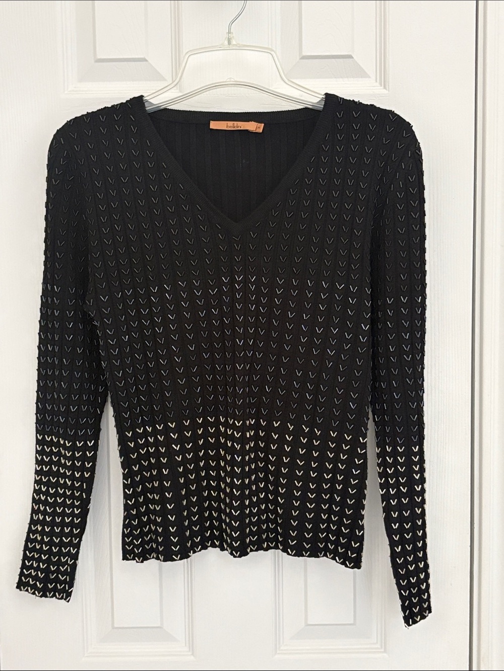 Belldini Black Knit Long-Sleeve V-Neck Top with Beading